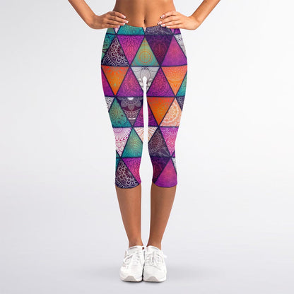 Triangle Bohemian Mandala Pattern Print Women's Capri Leggings