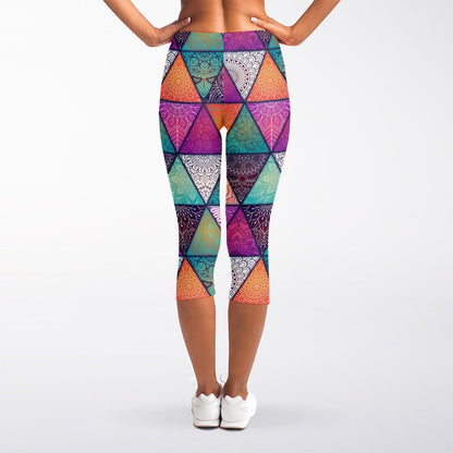 Triangle Bohemian Mandala Pattern Print Women's Capri Leggings
