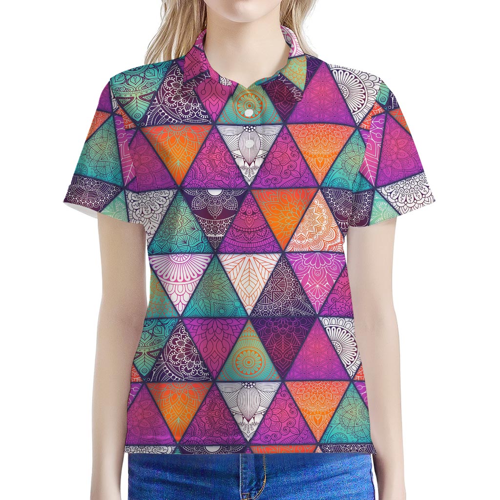Triangle Bohemian Mandala Pattern Print Women's Polo Shirt