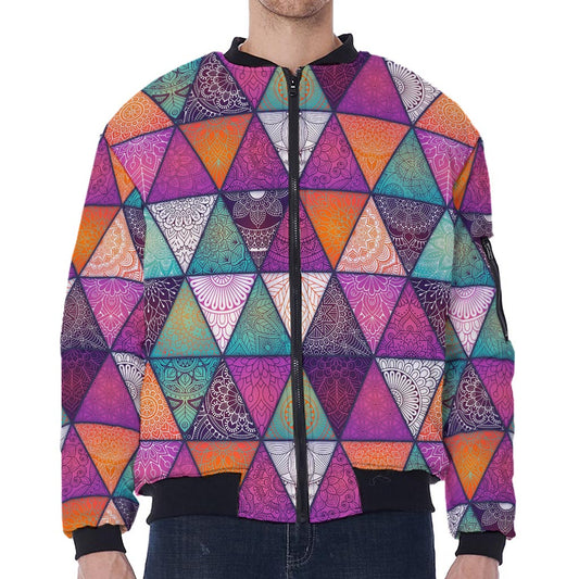Triangle Bohemian Mandala Pattern Print Zip Sleeve Bomber Jacket