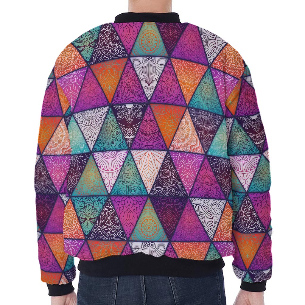 Triangle Bohemian Mandala Pattern Print Zip Sleeve Bomber Jacket