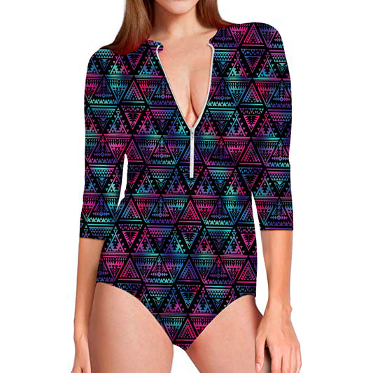 Triangle Ethnic Navajo Pattern Print Long Sleeve Swimsuit