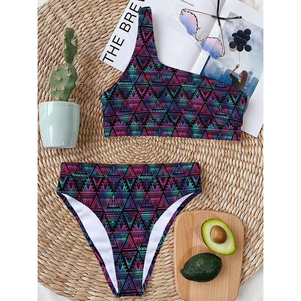 Triangle Ethnic Navajo Pattern Print One Shoulder Bikini Top