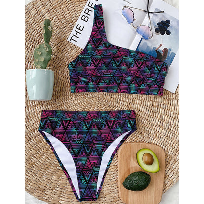 Triangle Ethnic Navajo Pattern Print One Shoulder Bikini Top