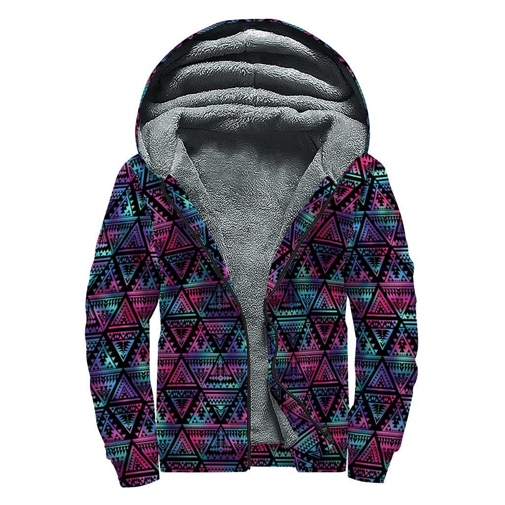 Triangle Ethnic Navajo Pattern Print Sherpa Lined Zip Up Hoodie
