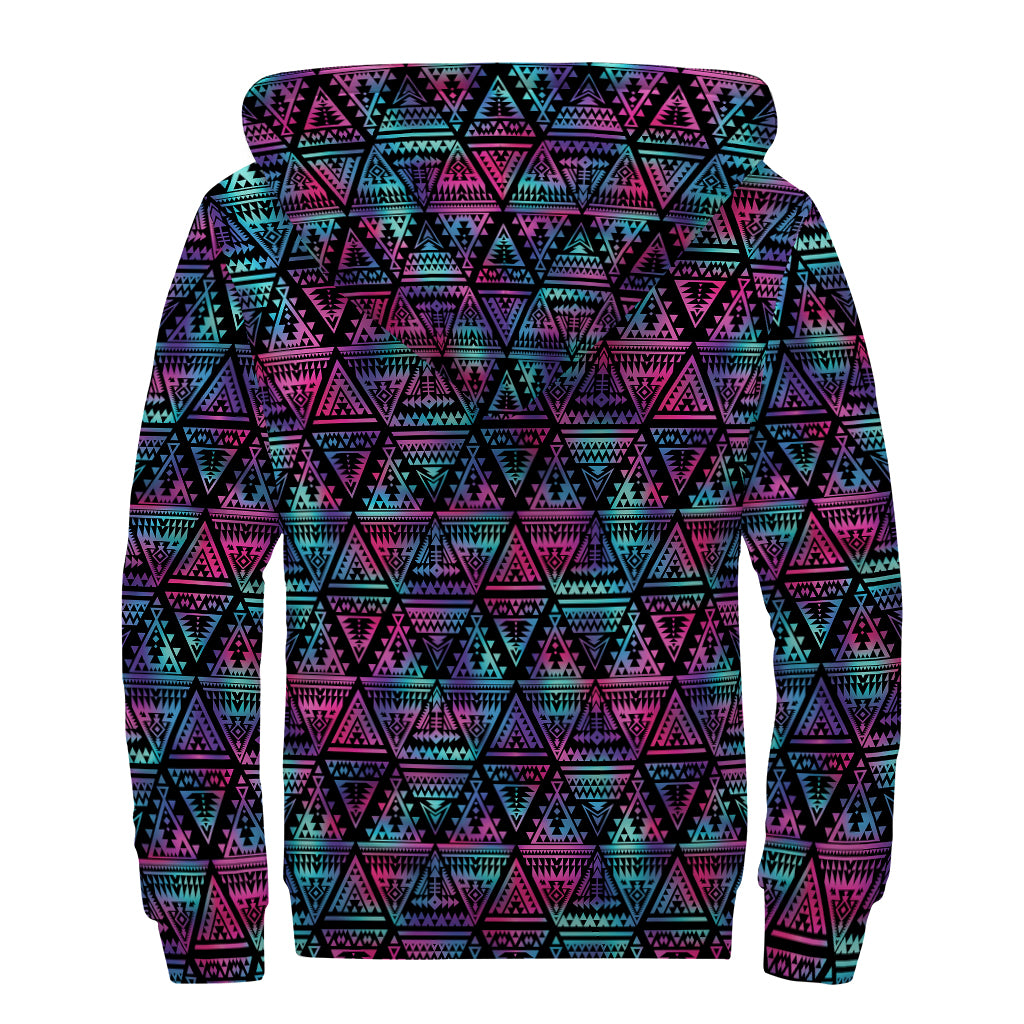 Triangle Ethnic Navajo Pattern Print Sherpa Lined Zip Up Hoodie