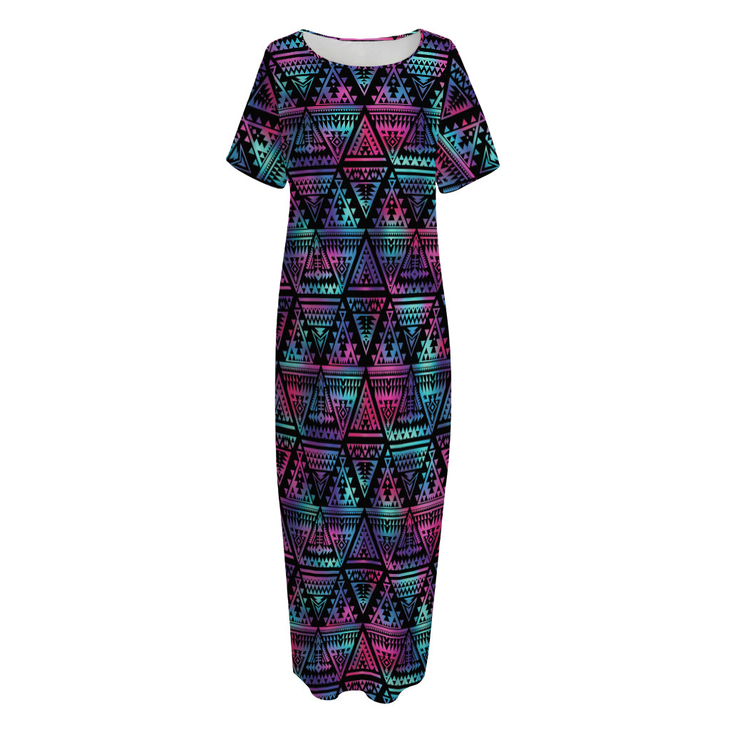 Triangle Ethnic Navajo Pattern Print Short Sleeve Long Nightdress