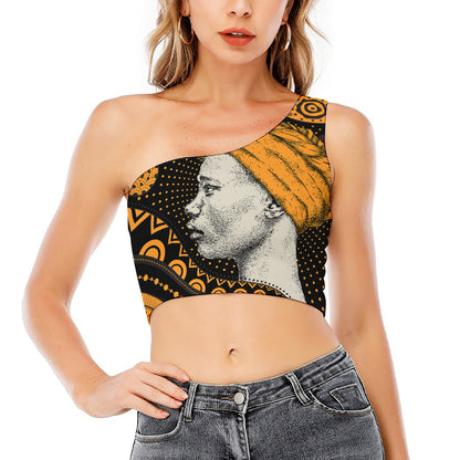 Tribal African Girl Print One Shoulder Crop Top