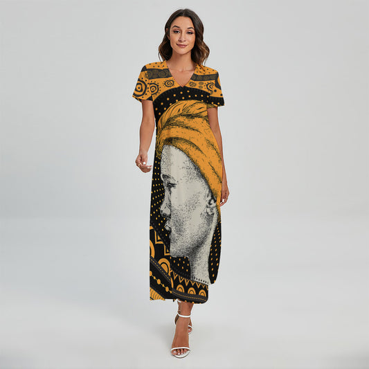 Tribal African Girl Print Short Sleeve Maxi Dress