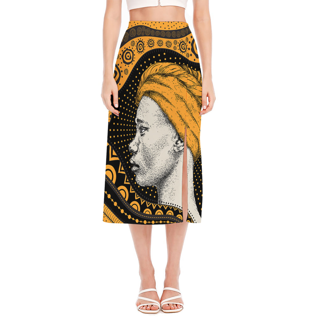 Tribal African Girl Print Side Slit Midi Skirt