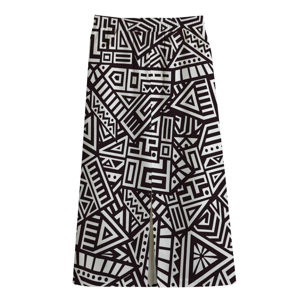 Tribal Aztec Geometric Pattern Print Cotton Front Slit Maxi Skirt