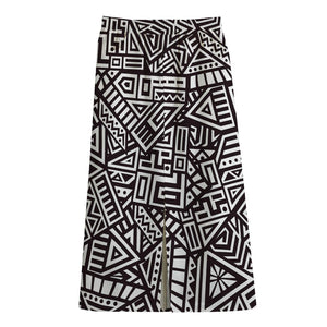 Tribal Aztec Geometric Pattern Print Cotton Front Slit Maxi Skirt