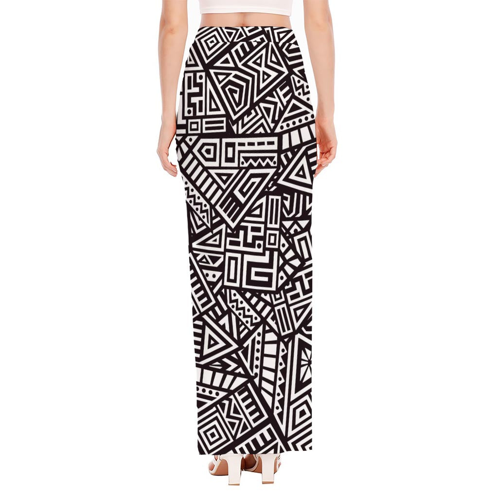 Tribal Aztec Geometric Pattern Print High Slit Maxi Skirt