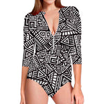 Tribal Aztec Geometric Pattern Print Long Sleeve Swimsuit