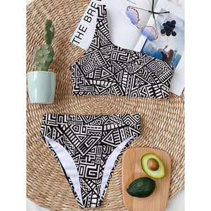 Tribal Aztec Geometric Pattern Print One Shoulder Bikini Top