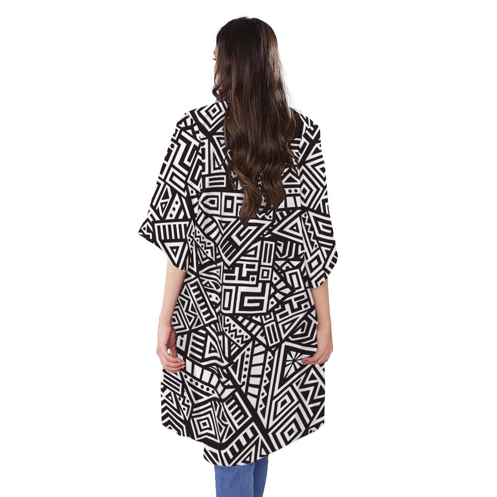 Tribal Aztec Geometric Pattern Print Open Front Beach Cover Up