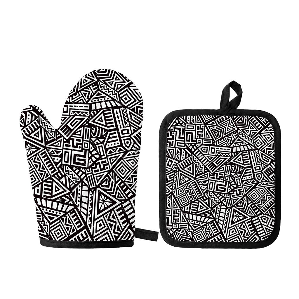 Tribal Aztec Geometric Pattern Print Oven Mitt And Pot Holder Set