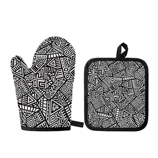 Tribal Aztec Geometric Pattern Print Oven Mitt And Pot Holder Set