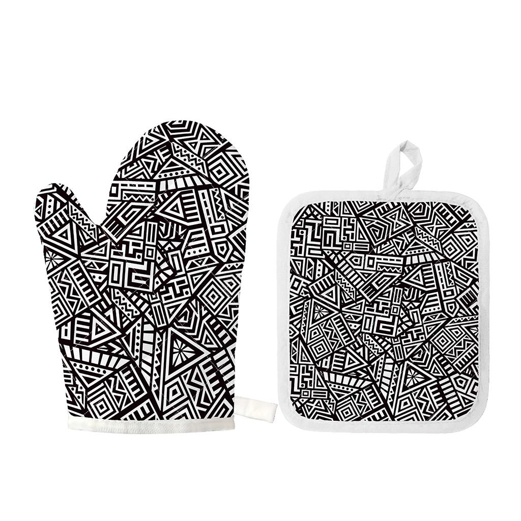 Tribal Aztec Geometric Pattern Print Oven Mitt And Pot Holder Set