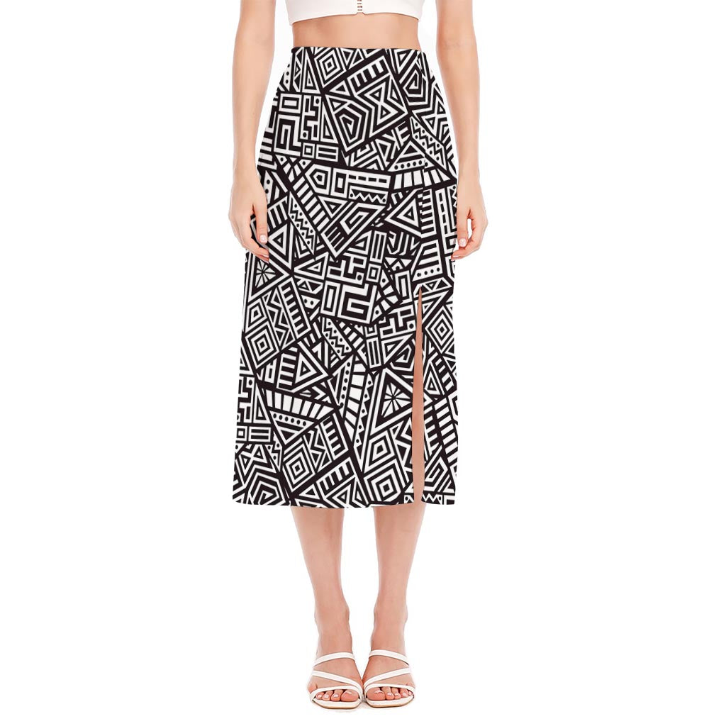 Tribal Aztec Geometric Pattern Print Side Slit Midi Skirt