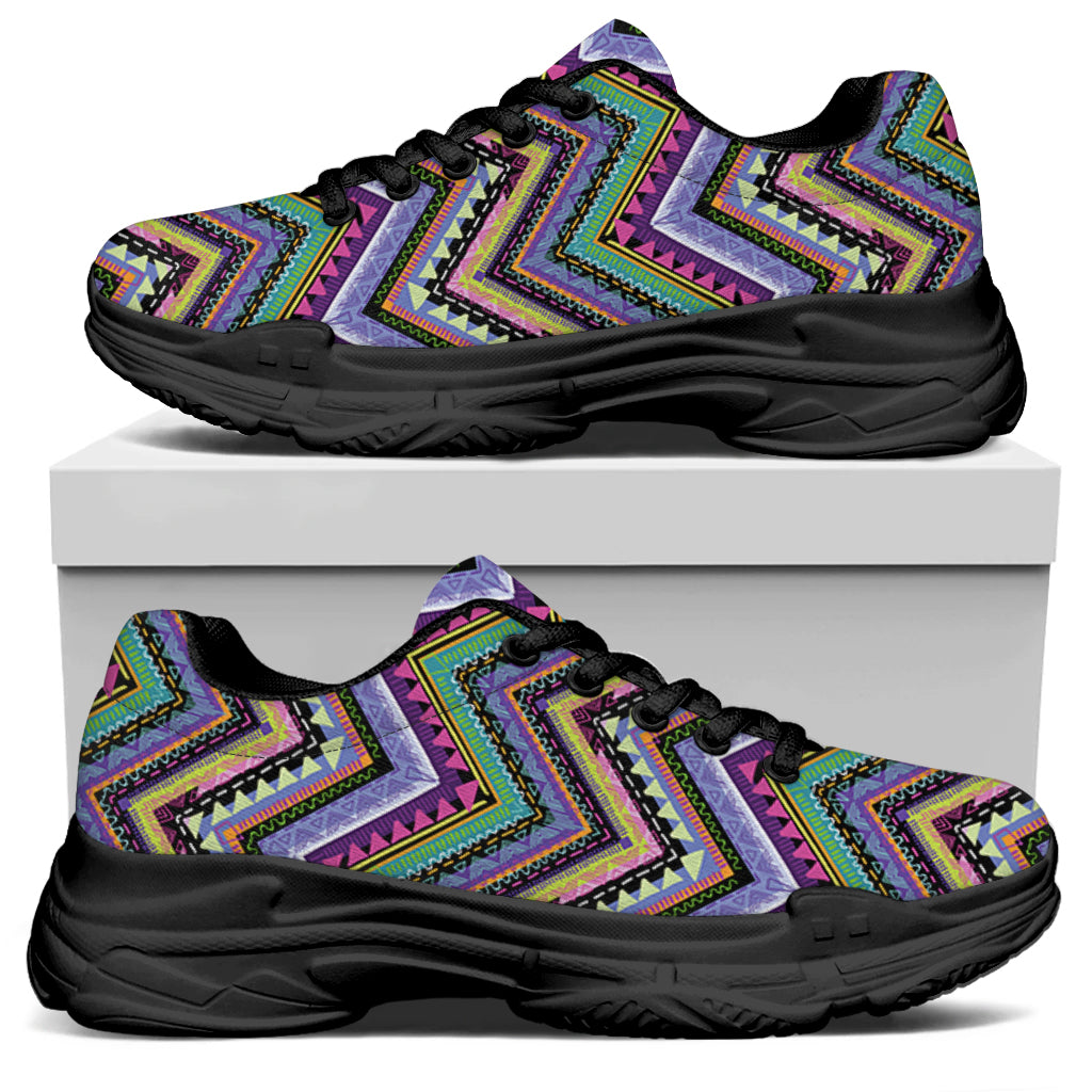 Tribal Aztec Hippie Pattern Print Black Chunky Shoes