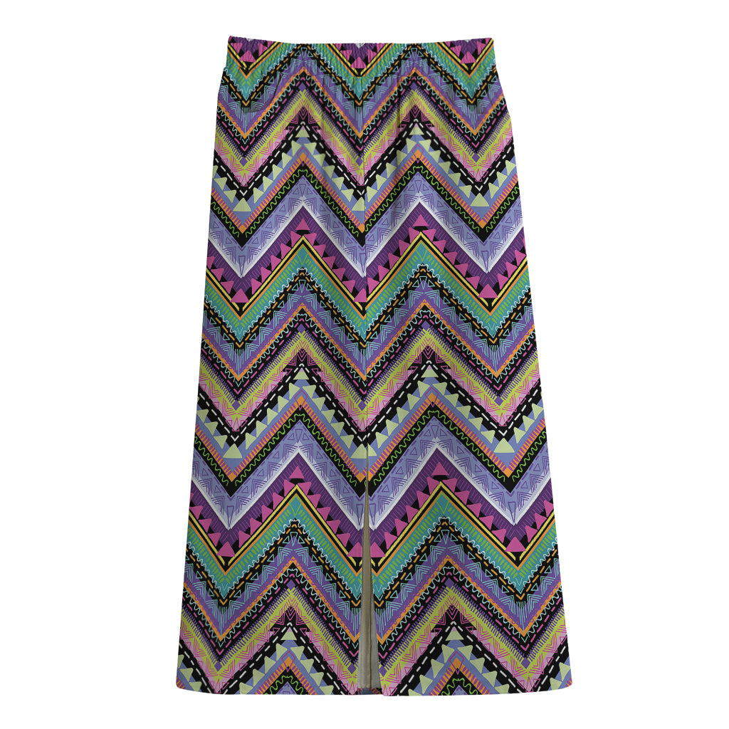 Tribal Aztec Hippie Pattern Print Cotton Front Slit Maxi Skirt