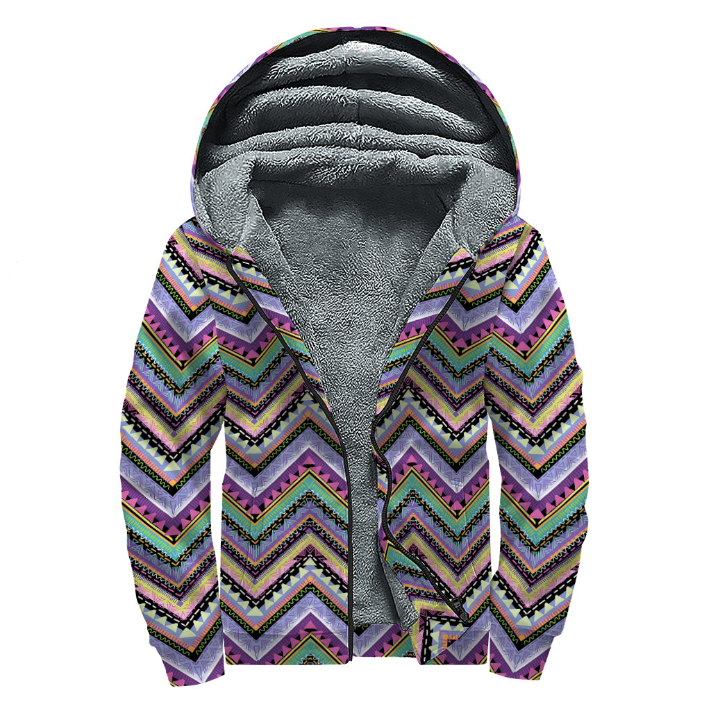 Tribal Aztec Hippie Pattern Print Sherpa Lined Zip Up Hoodie