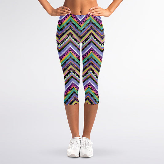 Tribal Aztec Hippie Pattern Print Women's Capri Leggings