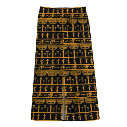 Tribal Egypt Pattern Print Cotton Front Slit Maxi Skirt