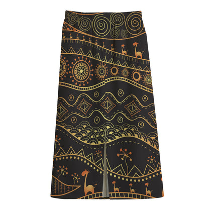 Tribal Ethnic African Pattern Print Cotton Front Slit Maxi Skirt