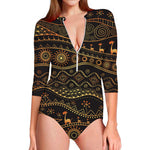 Tribal Ethnic African Pattern Print Long Sleeve Swimsuit