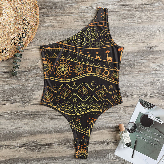 Tribal Ethnic African Pattern Print One Shoulder Bodysuit
