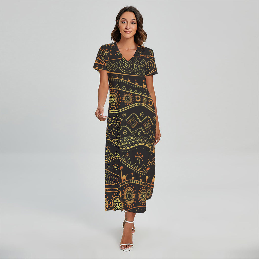 Tribal Ethnic African Pattern Print Short Sleeve Maxi Dress