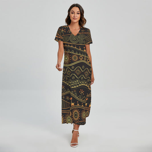Tribal Ethnic African Pattern Print Short Sleeve Maxi Dress