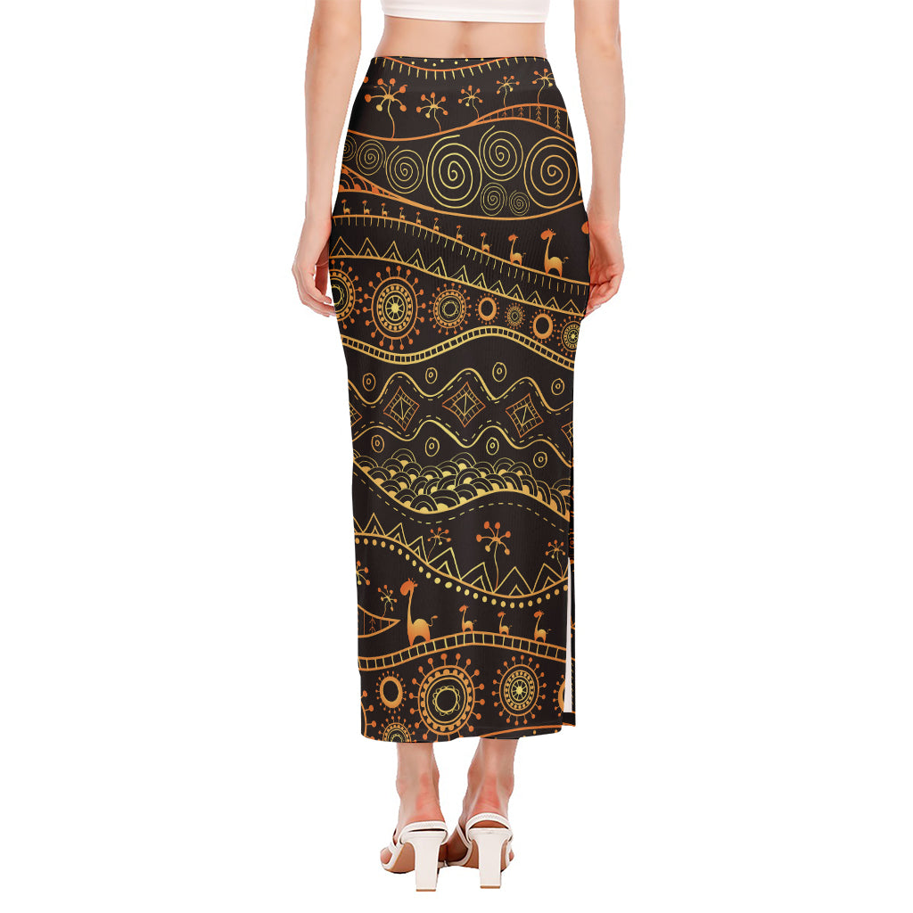 Tribal Ethnic African Pattern Print Side Slit Maxi Skirt