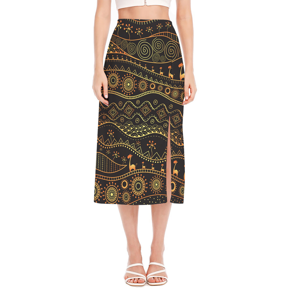 Tribal Ethnic African Pattern Print Side Slit Midi Skirt