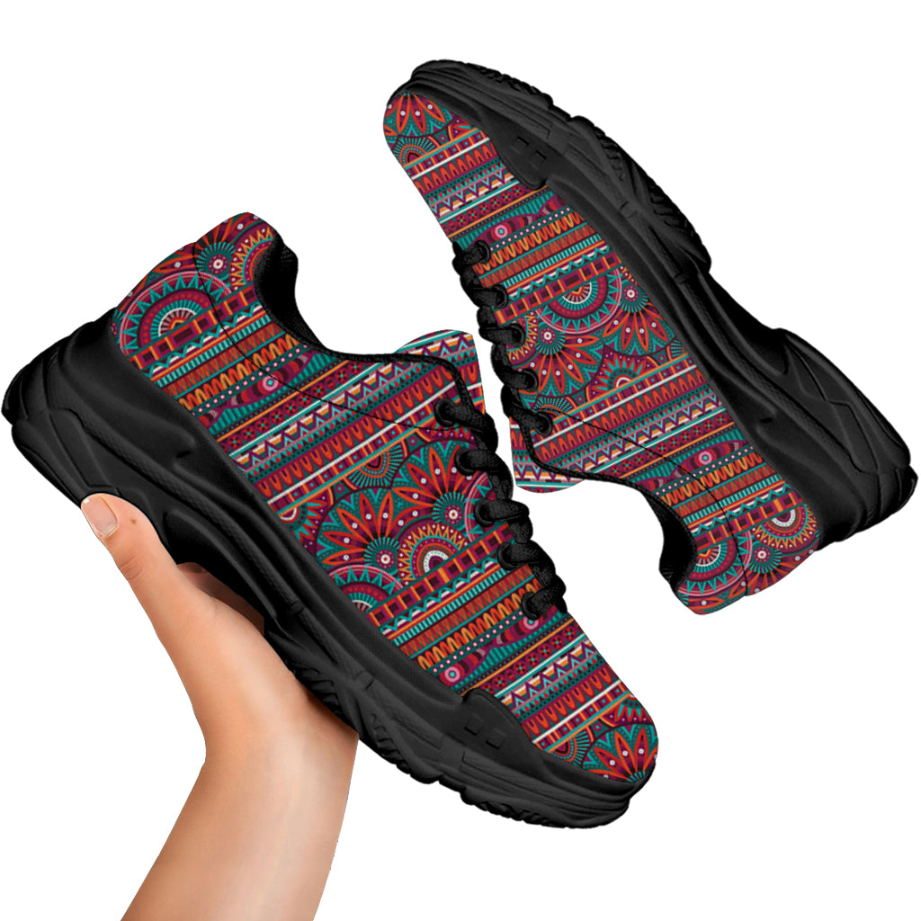 Tribal Ethnic Pattern Print Black Chunky Shoes