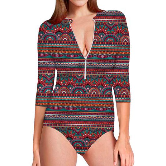 Tribal Ethnic Pattern Print Long Sleeve Swimsuit