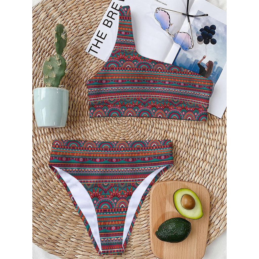 Tribal Ethnic Pattern Print One Shoulder Bikini Top