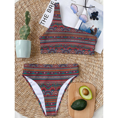 Tribal Ethnic Pattern Print One Shoulder Bikini Top