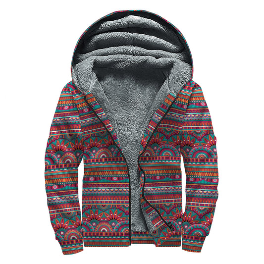 Tribal Ethnic Pattern Print Sherpa Lined Zip Up Hoodie