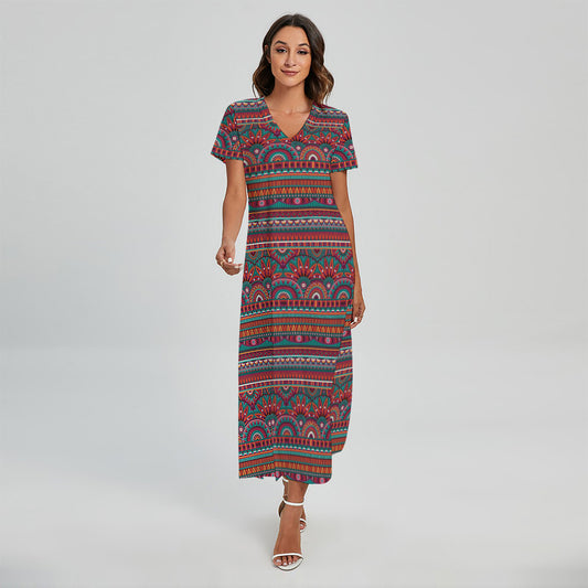 Tribal Ethnic Pattern Print Short Sleeve Maxi Dress