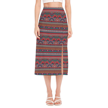 Tribal Ethnic Pattern Print Side Slit Midi Skirt