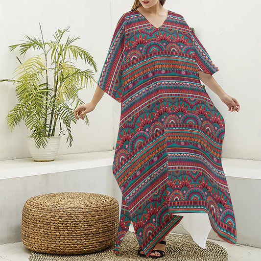 Tribal Ethnic Pattern Print Silk V-Neck Kaftan Dress