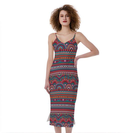 Tribal Ethnic Pattern Print Slim Fit Midi Cami Dress