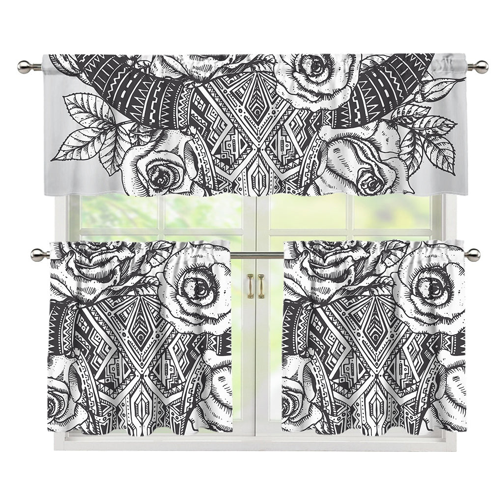 Tribal Indian Bull Skull Print 3 Piece Kitchen Curtains