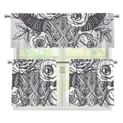 Tribal Indian Bull Skull Print 3 Piece Kitchen Curtains