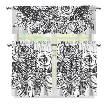 Tribal Indian Bull Skull Print 3 Piece Kitchen Curtains