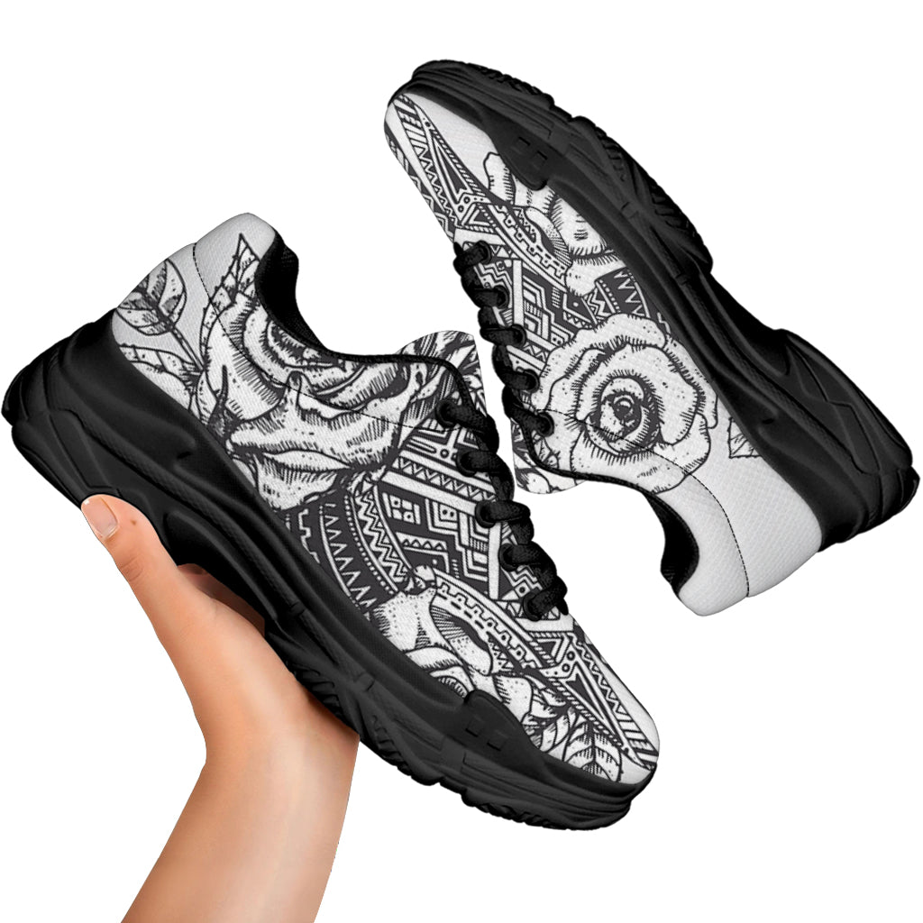 Tribal Indian Bull Skull Print Black Chunky Shoes