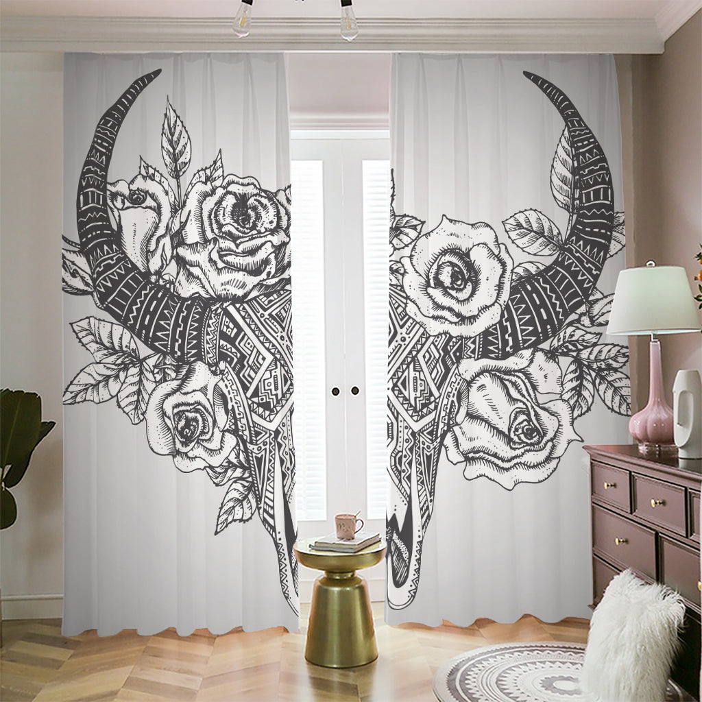 Tribal Indian Bull Skull Print Blackout Pencil Pleat Curtains